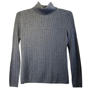BR By Gap Womens L Gray RibStyle Top Merino Extra Fine Wool T Neck Long Sleeves